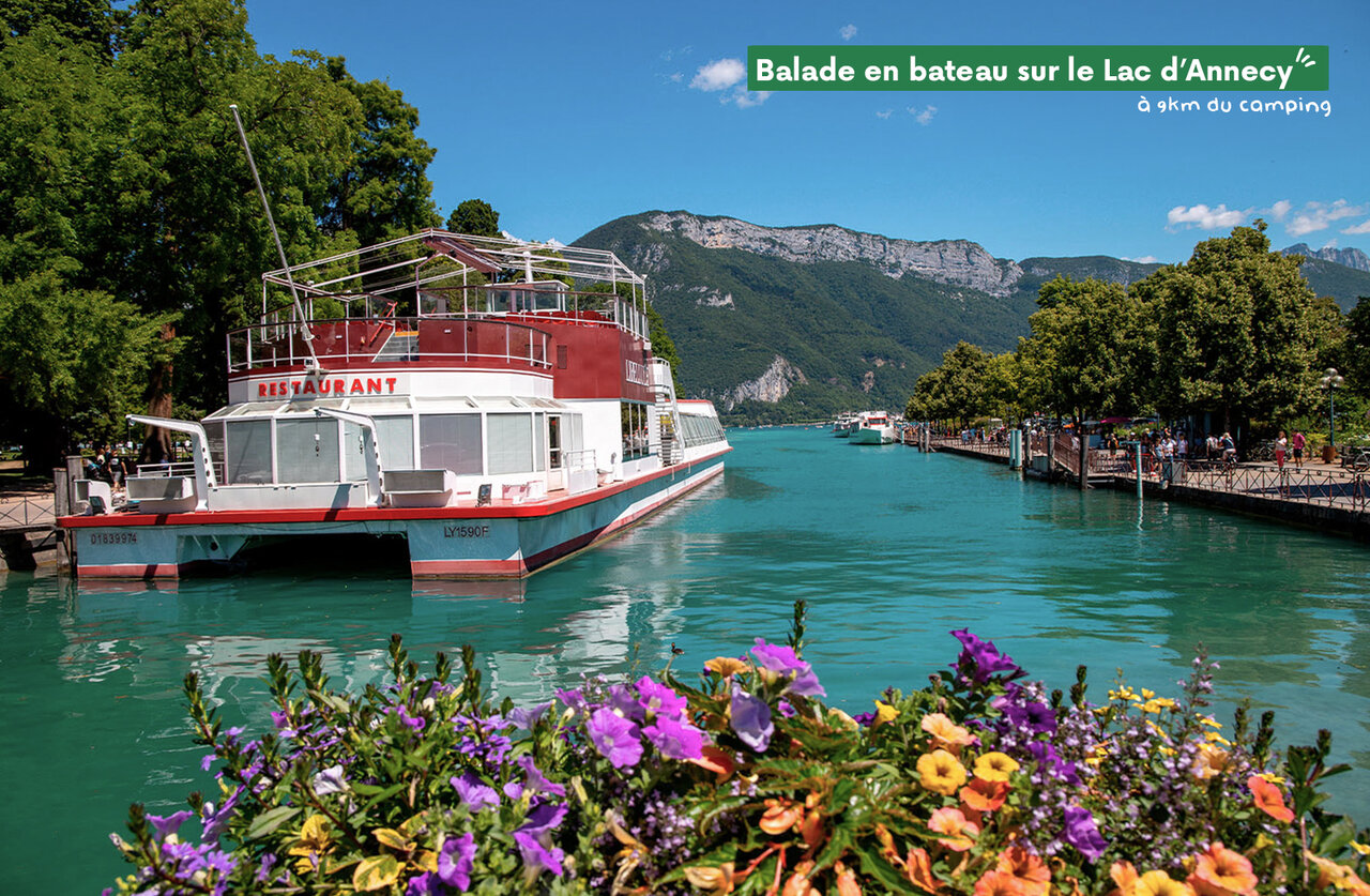 Restaurant boat on Lake Annecy, water activity near Sevrier.