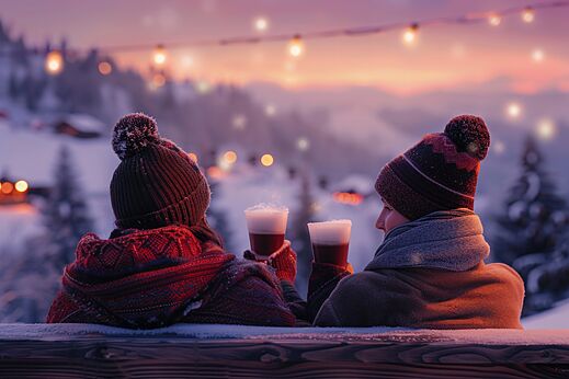 Hot drinks, snowy landscape at campsite CLICOCHIC Alpes Lodges in Pralognan la Vanoise (73).