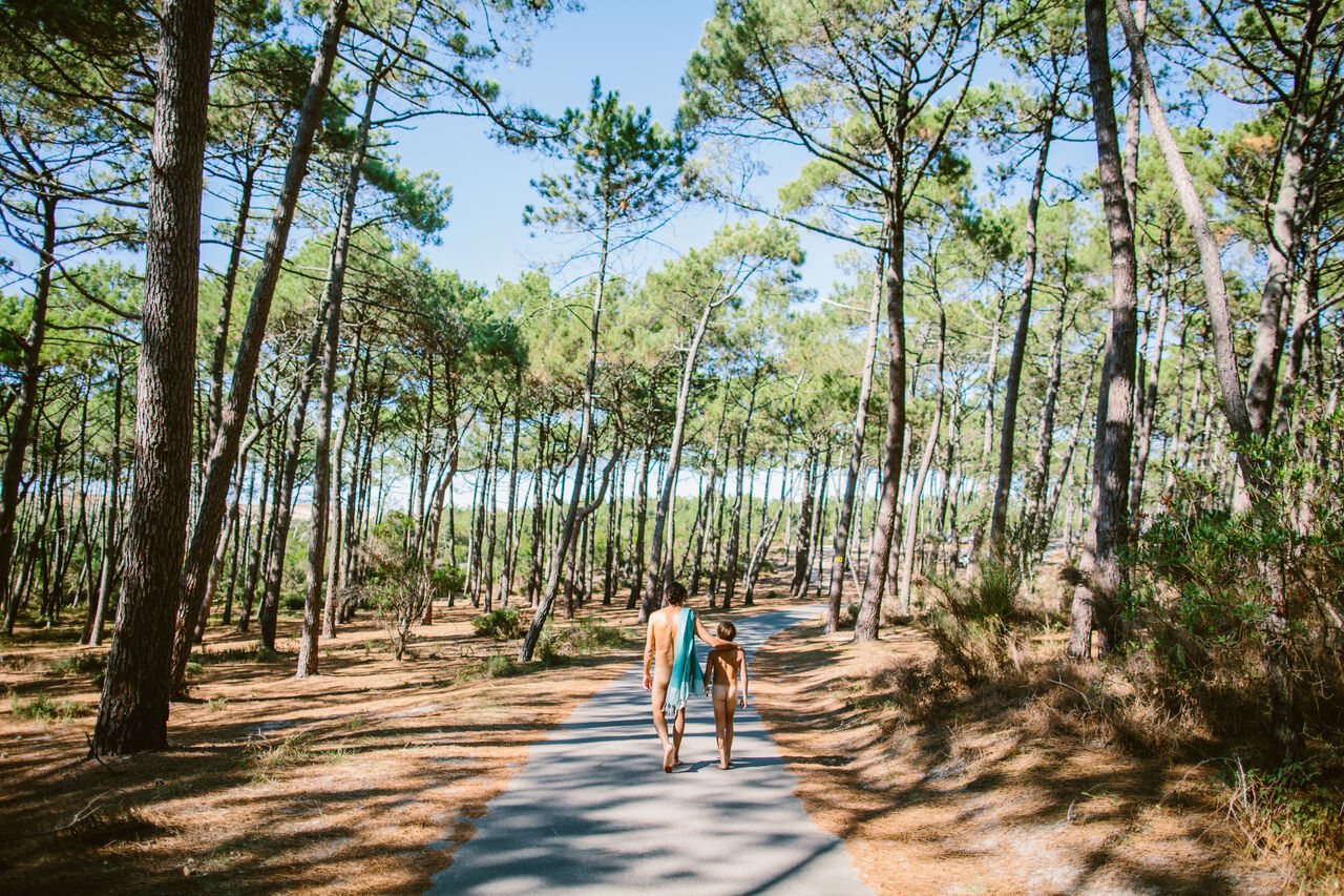 Naturists walking forest path at LIBRANOO Naturiste Arnaoutchot campsite, Landes, France.