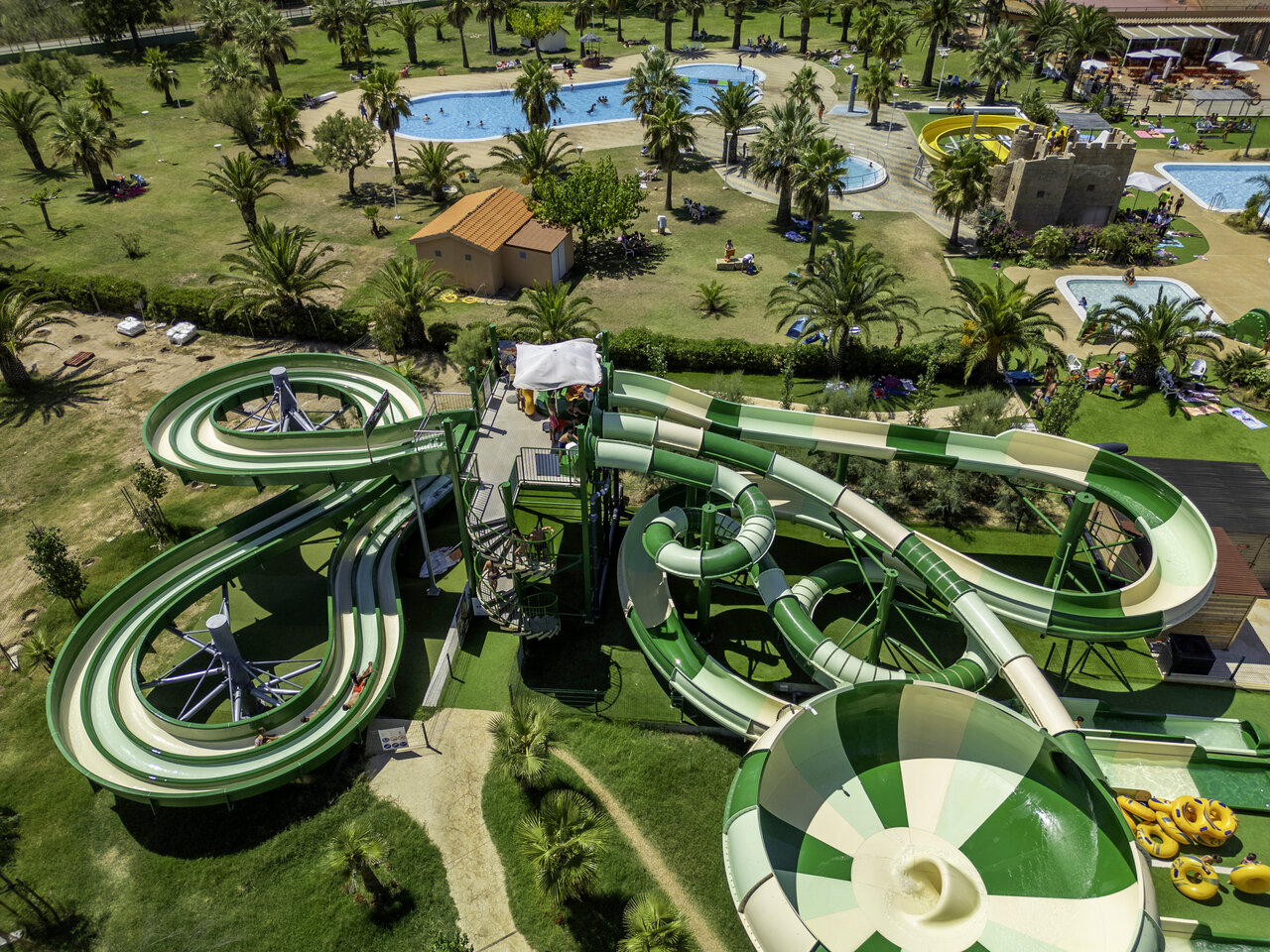 Giant water slides and swimming pools at CAPFUN Aube campsite in Deltebre, Tarragona.