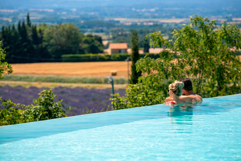 Infinity pool, view. At CLICOCHIC Bastets campsite in Marsanne (26).