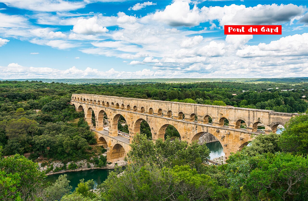 Majestic Pont du Gard, historic Roman aqueduct near N�mes, Occitania.