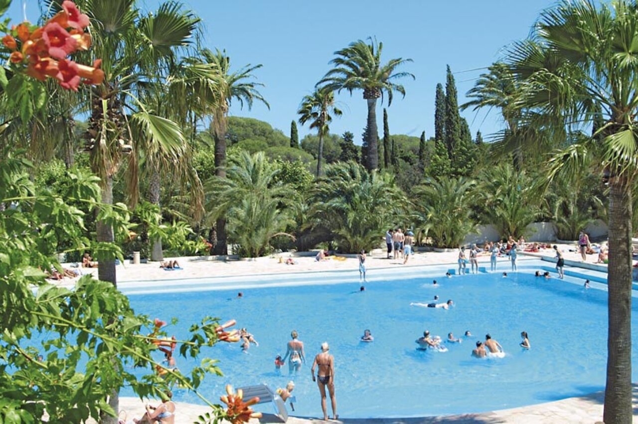 Outdoor lagoon pool with palm trees and swimmers at CAPFUN La Baume - La Palmeraie campsite in Fr�jus (83).
