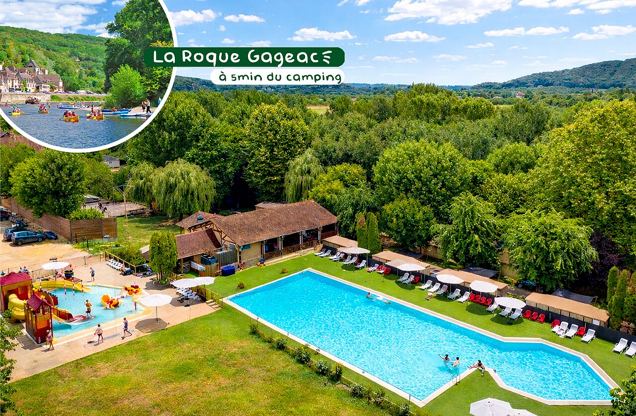 Swimming pool, paddling pool, water games at CLICOCHIC Beau Rivage campsite LA ROQUE-GAGEAC.