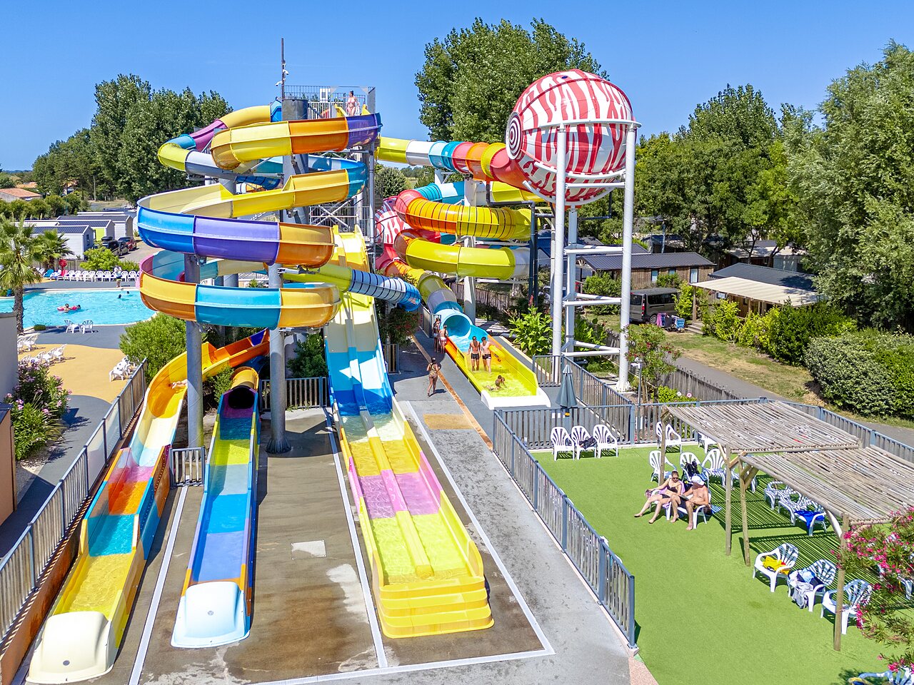 Colorful water slides and outdoor pool at CAPFUN Bel Air, Aiguillon sur Mer (85).