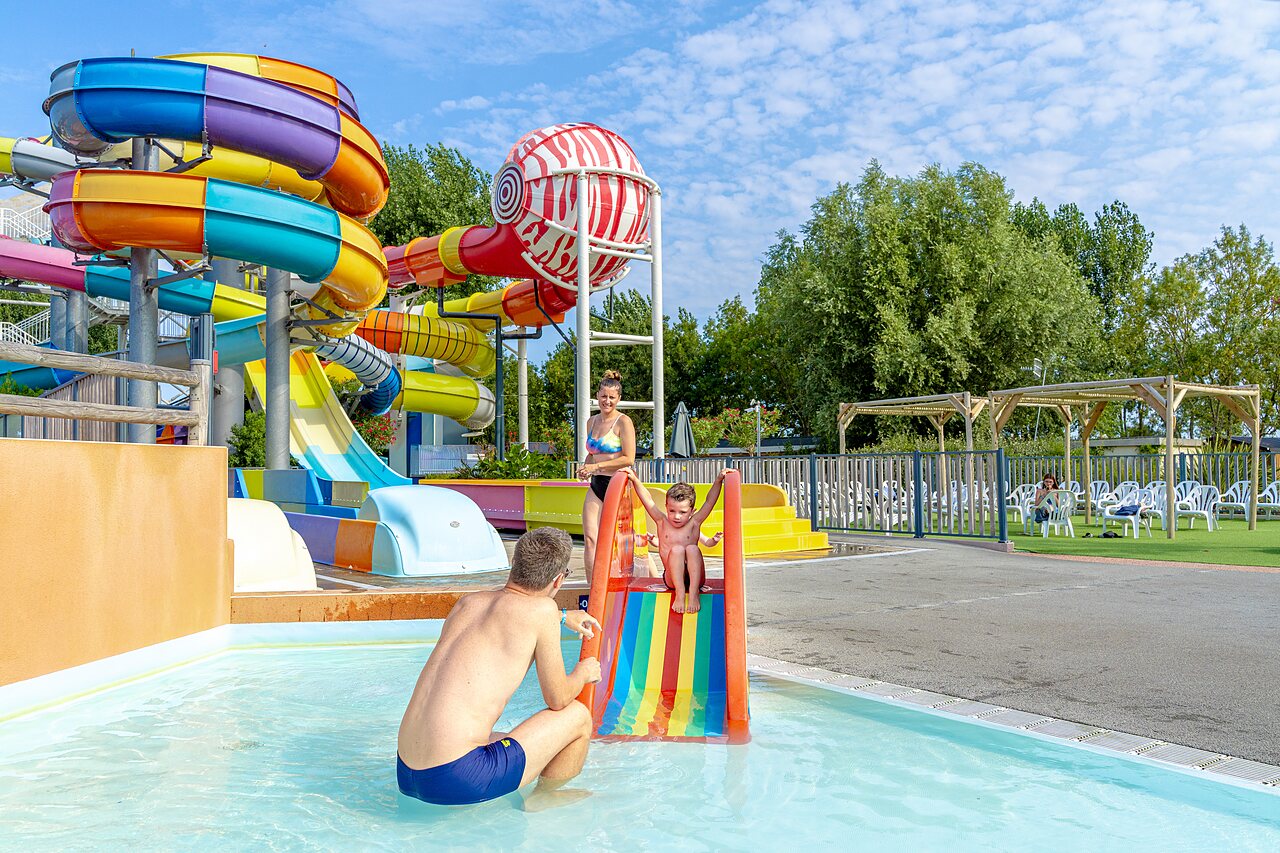 Colorful water slides and family pool at CAPFUN Bel Air, Aiguillon sur Mer (85).