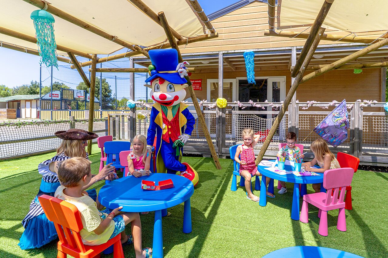 Mascot, children and entertainer in activities at CAPFUN Bel Air campsite in Aiguillon sur Mer.