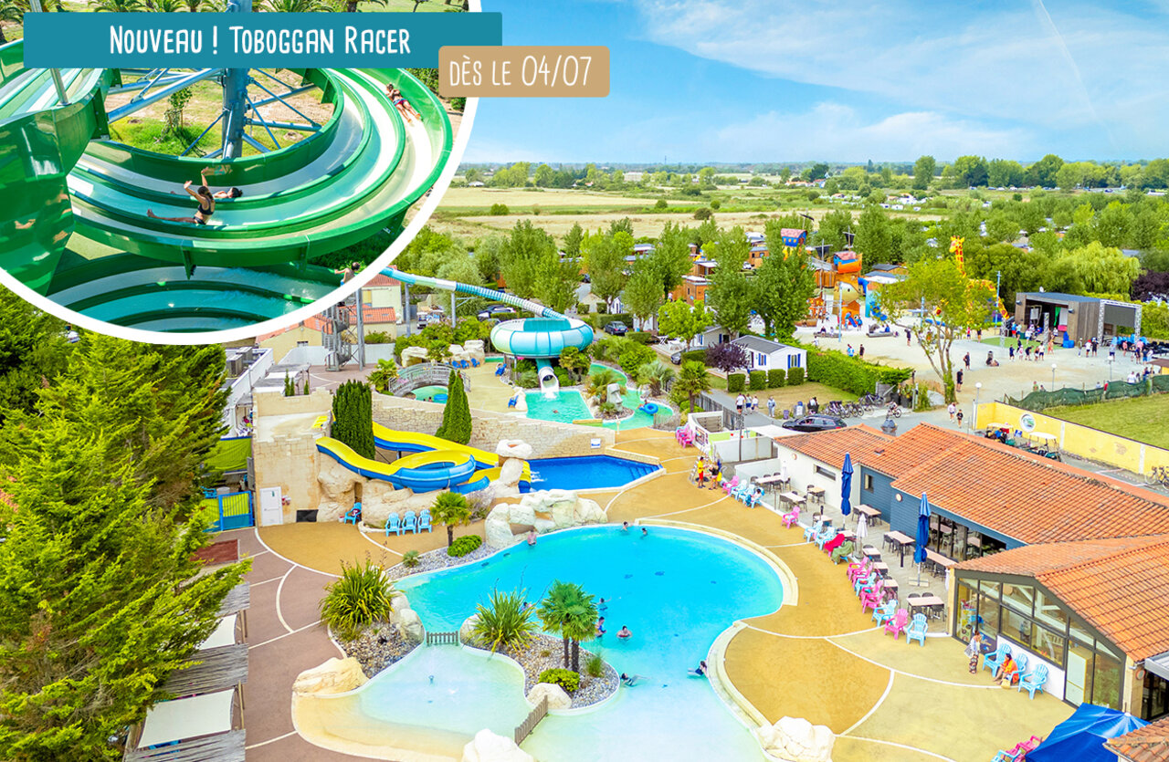 Racer slide, swimming pools and games at VAGUES OCEANES Bois Joly campsite in Saint-Jean-de-Monts.