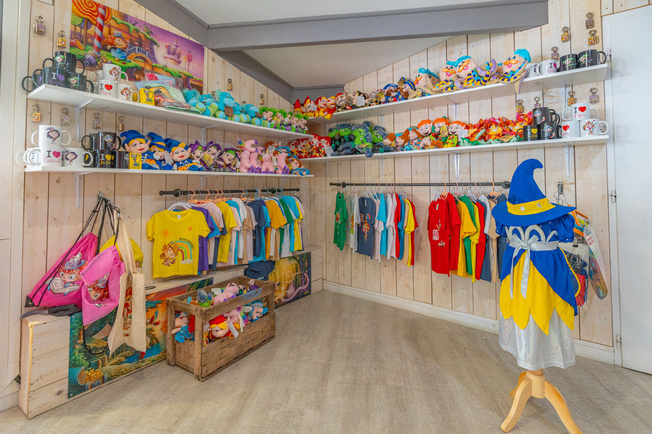 Souvenir shop, toys, children's clothing at CAPFUN Bonne Etoile campsite.