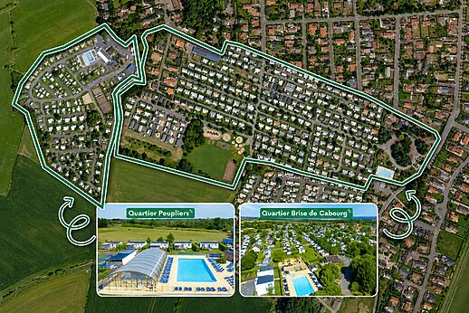 Aerial view of the campsite, Mobile homes and pools at CLICOCHIC Brise de Cabourg (14).