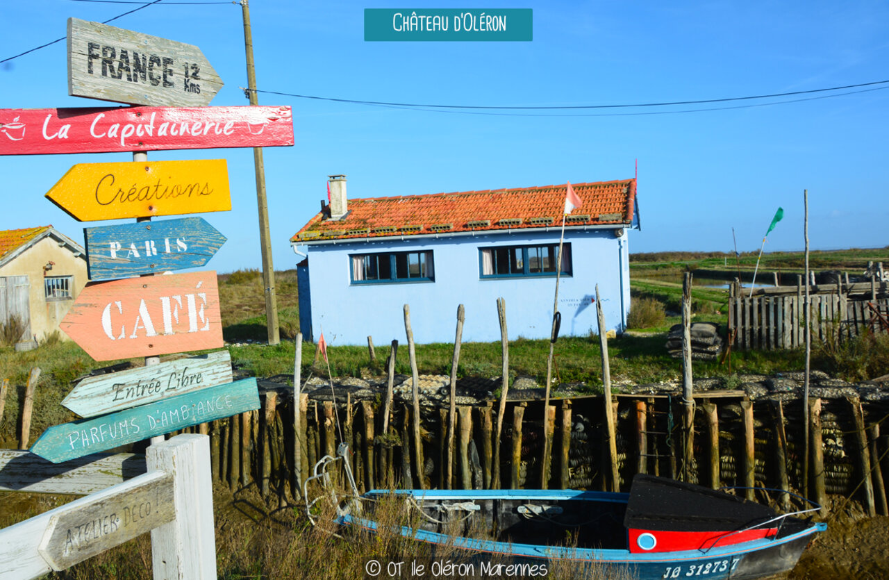 Picturesque village Ch�teau d'Ol�ron, �le d'Ol�ron, with colorful huts and marshes.