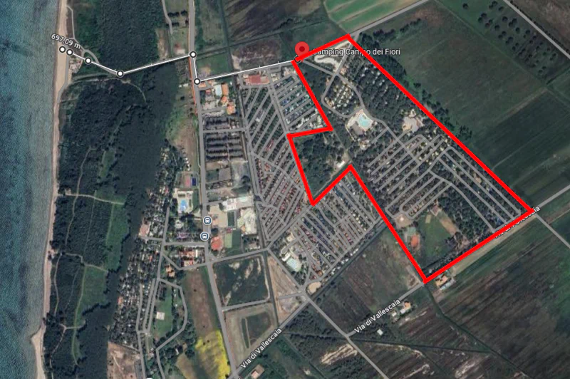 Aerial map of CAPFUN Campo dei Fiori campsite, accommodations, beach in Rosignano Marittimo (57).