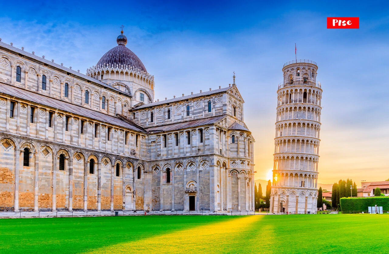 Leaning Tower of Pisa and Cathedral at sunset, a must-visit place in Tuscany.