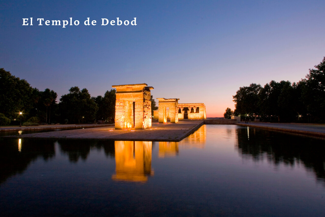 Debod Temple illuminated at dusk, a must-visit attraction in Madrid.