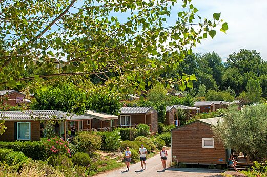 Wooden mobile homes, green path, CAPFUN Carpe Diem campsite VAISON LA ROMAINE.