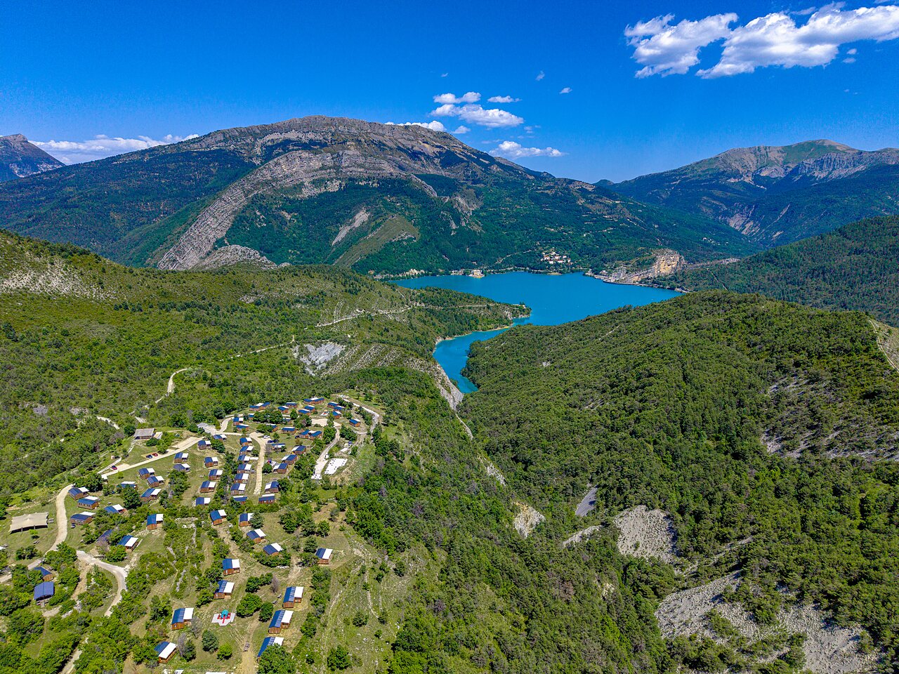 Camping mobile homes in nature, aerial view in Castellane (04).