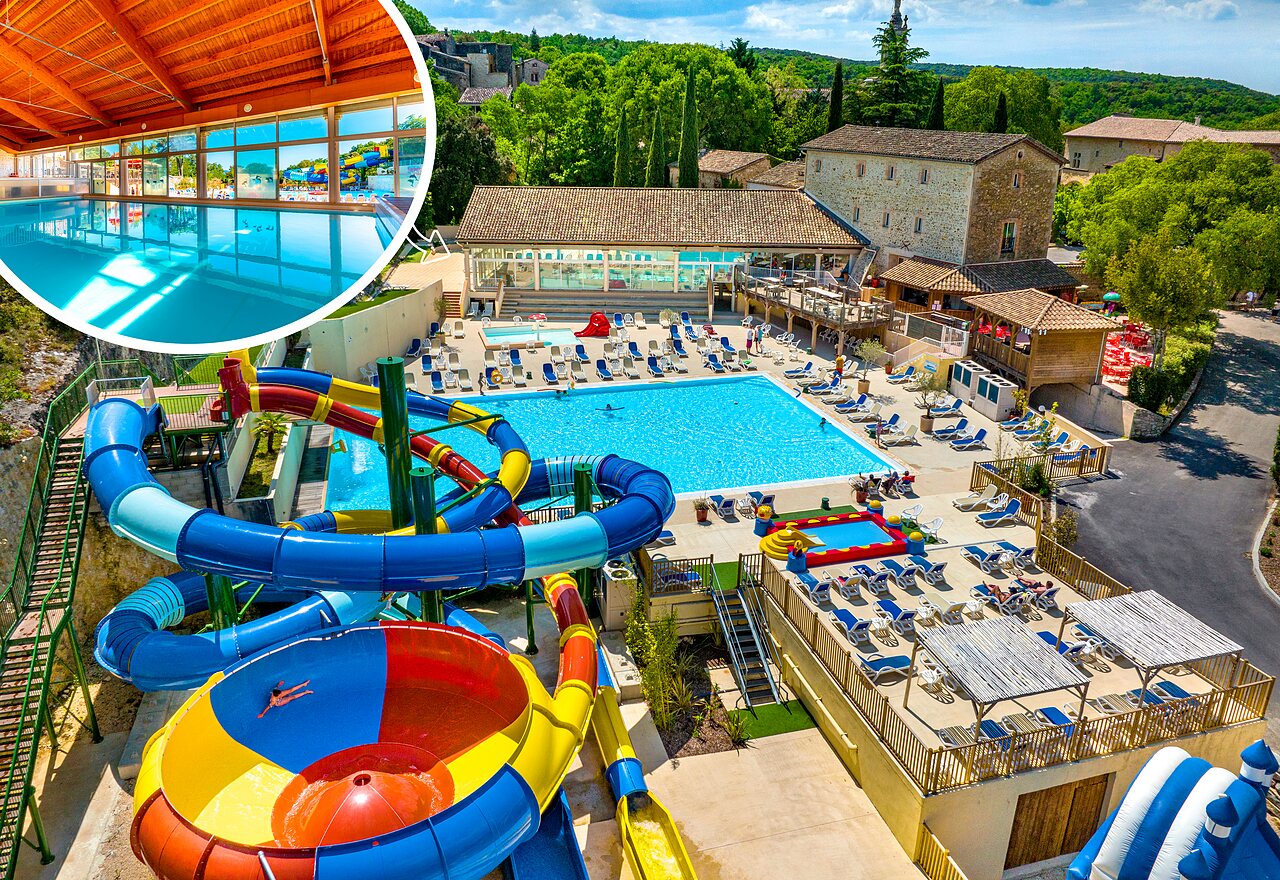 Giant water slides, outdoor and indoor pools at camping CLICOCHIC Ch�teau de Boisson in All�gre-les-Fumades (30).