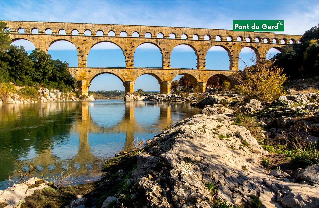 Pont du Gard, majestic Roman aqueduct, a must-visit near N�mes in Occitania.