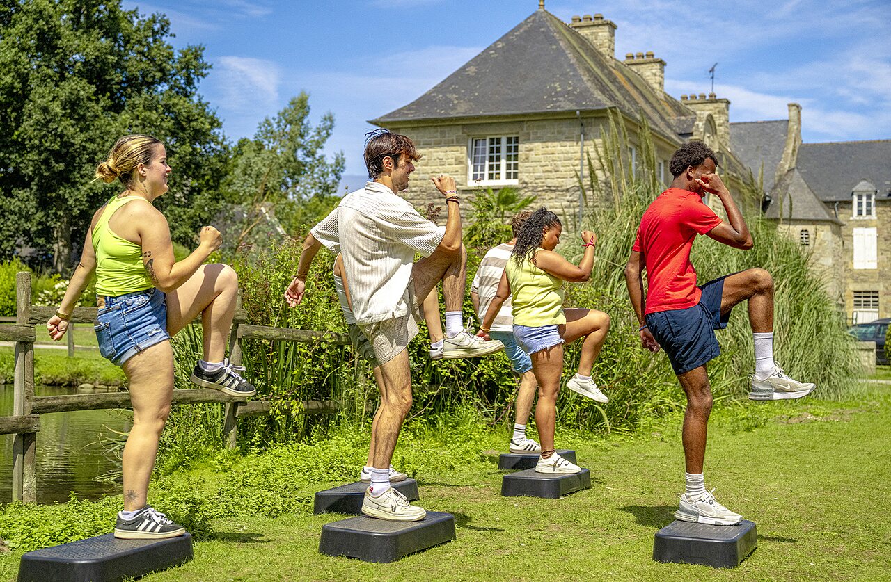 Outdoor step class at CAPFUN Ch�teau de Galin�e in SAINT CAST LE GUILDO.