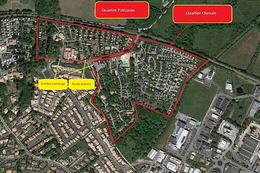 Aerial map campsite, Mobile homes and access at camping CAPFUN La Ch�naie in PORNIC.