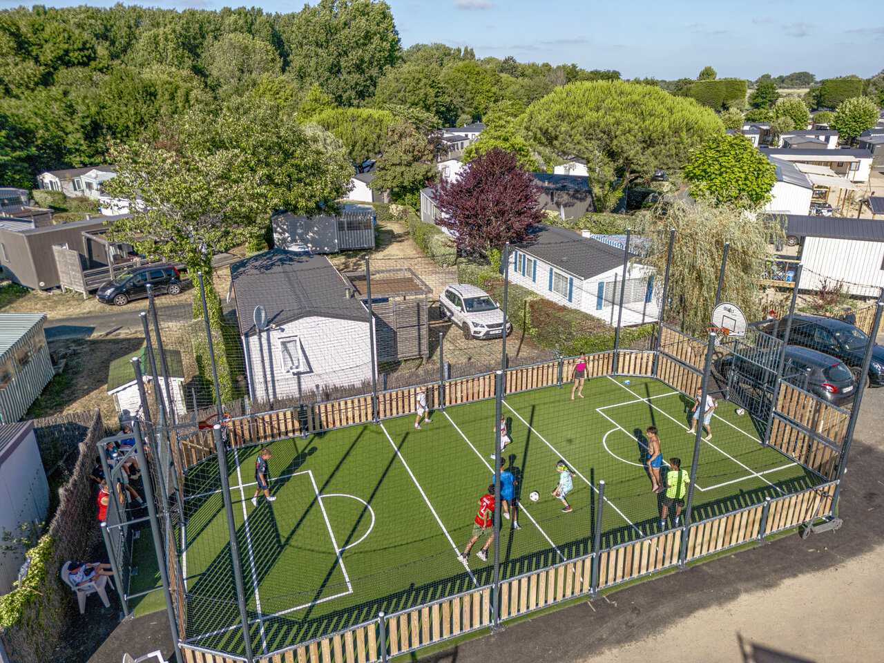 Multi-sport field football, basketball, children, aerial view, CLICOCHIC Chouans campsite.