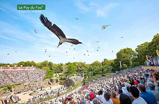 Flying birds of prey show at Puy du Fou, historical park in Vend�e.