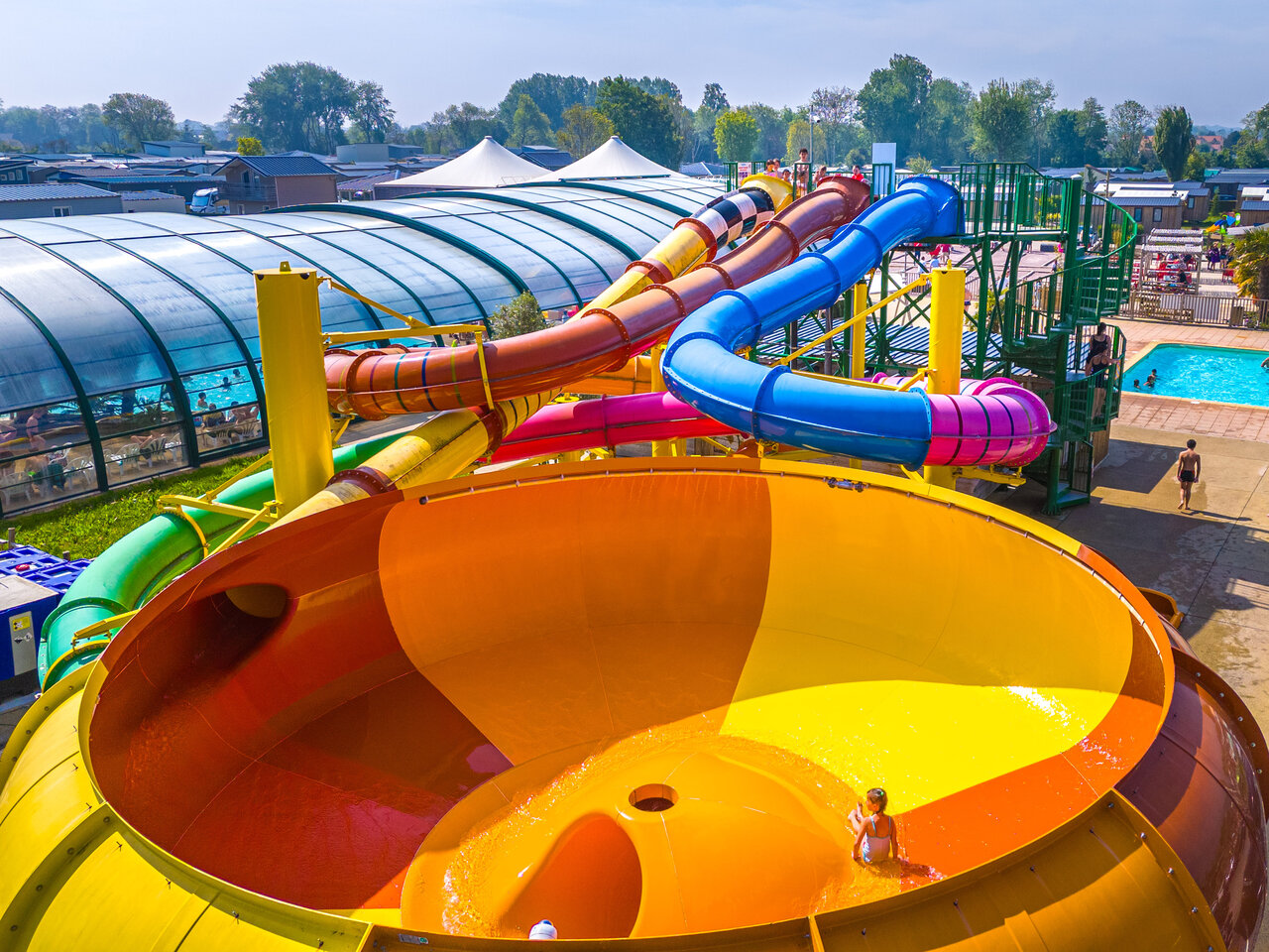 Giant water slide and pools at CAPFUN Citadelle de Loustic campsite in Hermanville sur Mer.