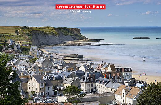 Arromanches-les-Bains, historic coastal town with beach and cliffs in Normandy.
