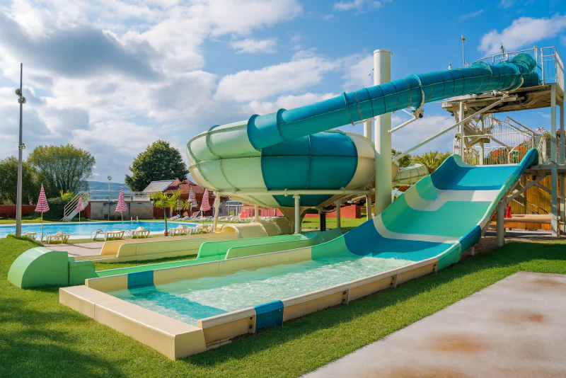 Water slides, outdoor swimming pool at CAPFUN Citta di Angera, Angera VA.