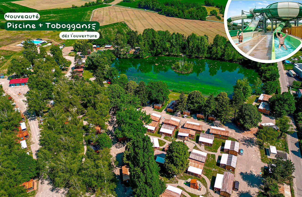 Pool slides, aerial view campsite CLICOCHIC Au Clair Ruisseau Gerstheim (67).