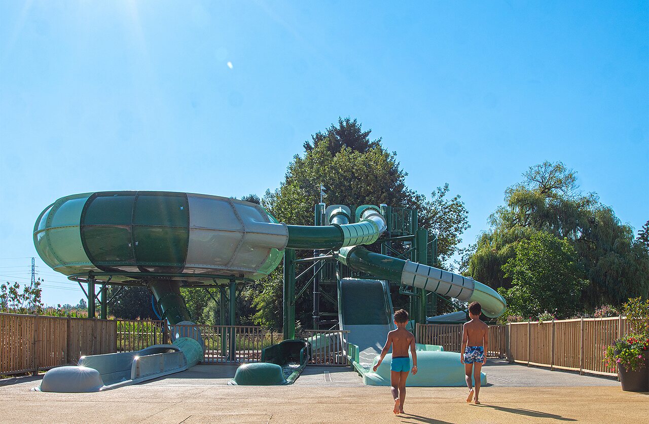 Large water slide complex at CLICOCHIC Au Clair Ruisseau campsite Gerstheim (67).