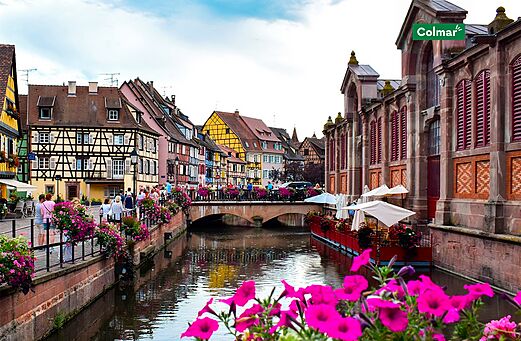 Little Venice district in Colmar, canal and colorful houses in Alsace.