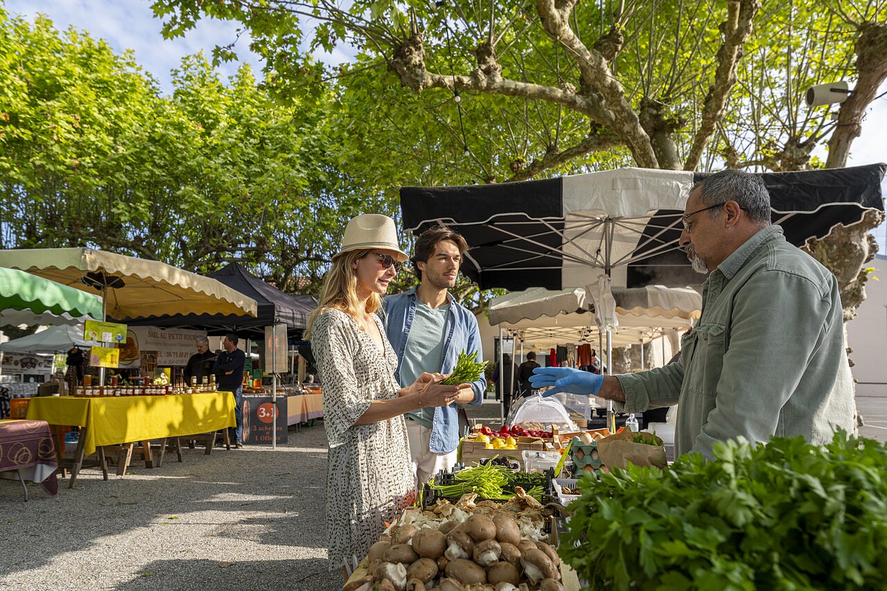 Buying fresh vegetables at local market, at CAPFUN Clown Oc�an campsite in TOSSE (40).