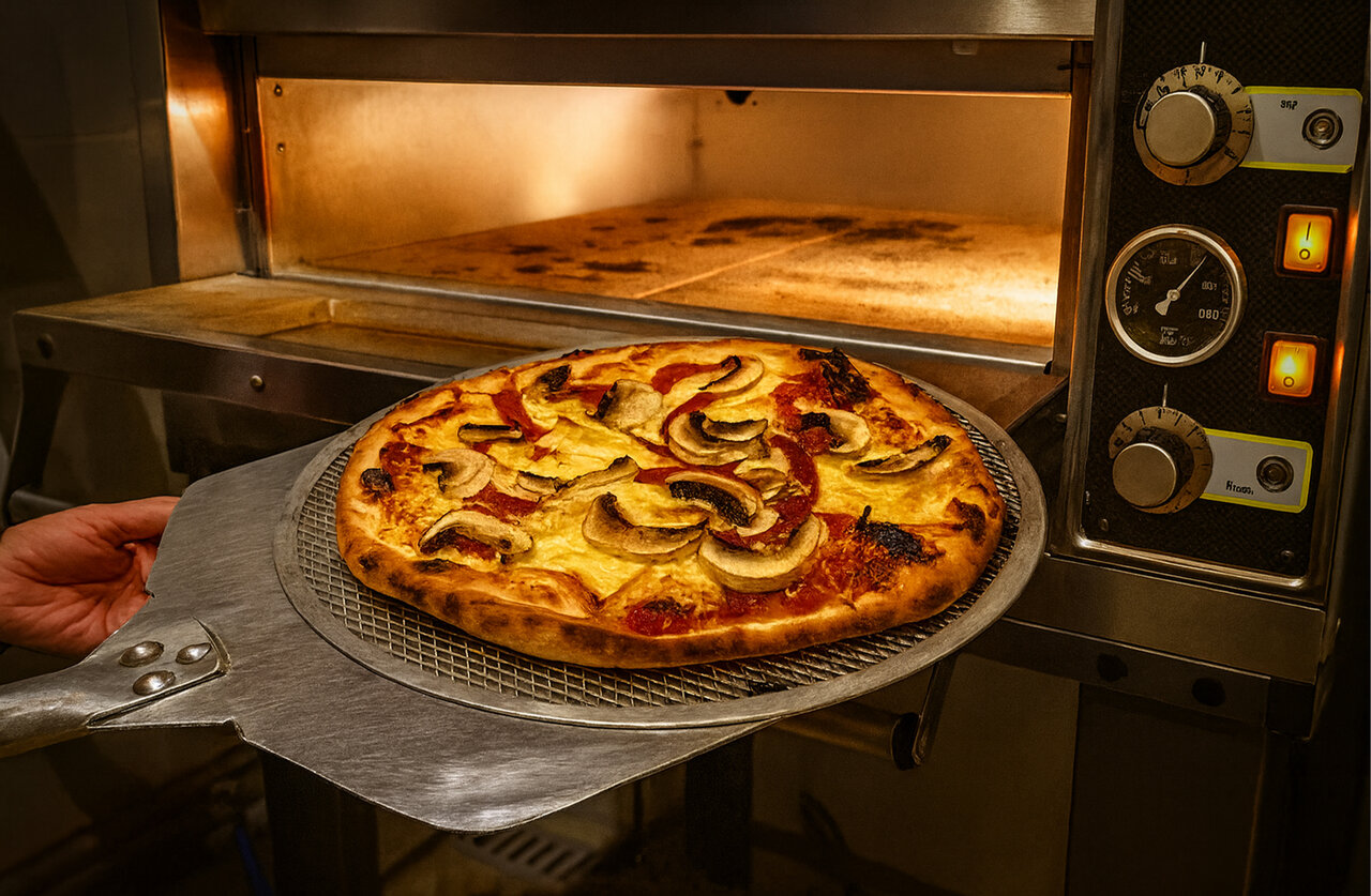 Mushroom and cheese pizza fresh from the oven at CLICOCHIC Couteli�re campsite in Lagnes (84).