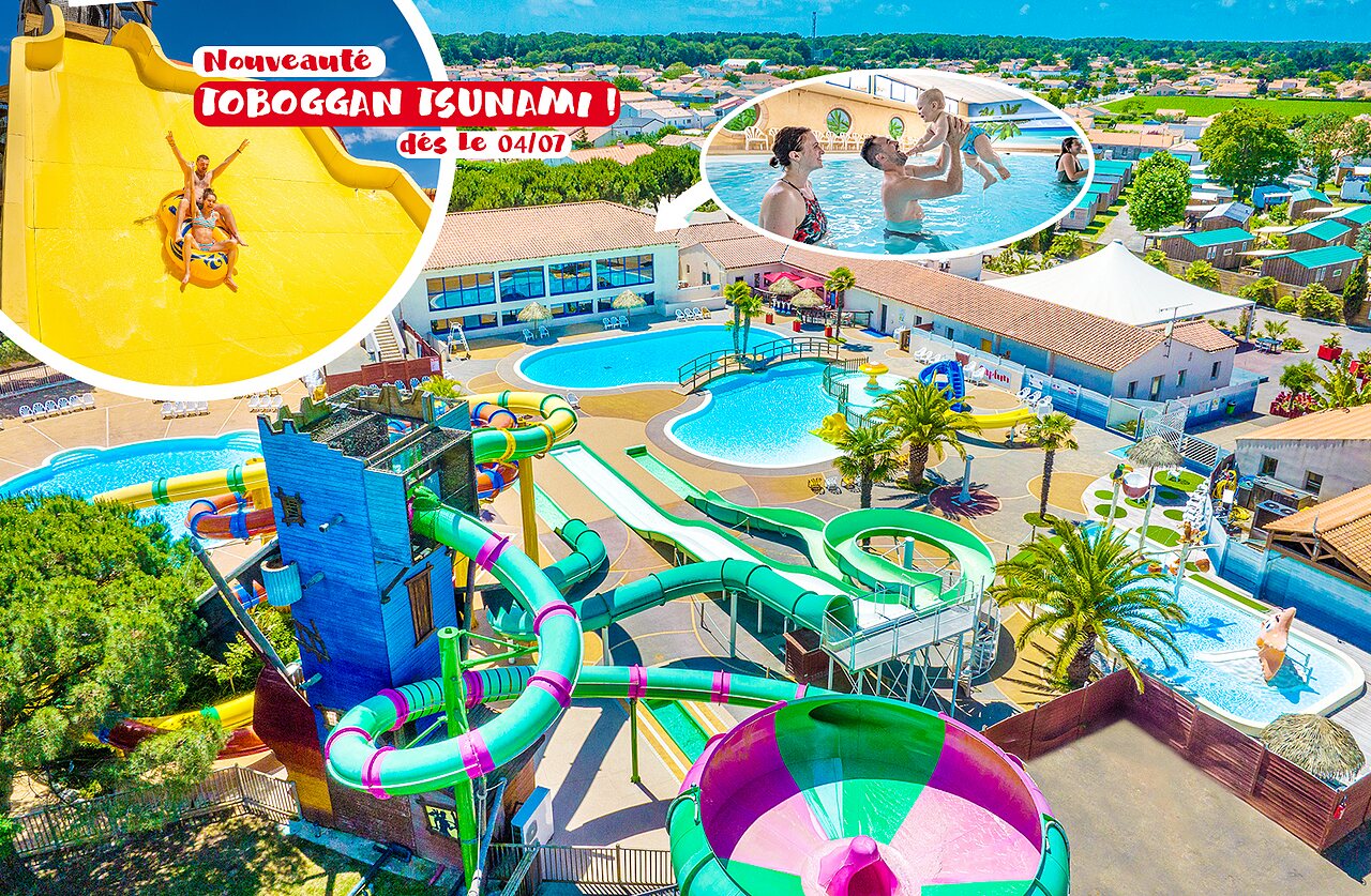 Water park with giant slides and swimming pools at CAPFUN Curty's campsite in Jard sur Mer (85).