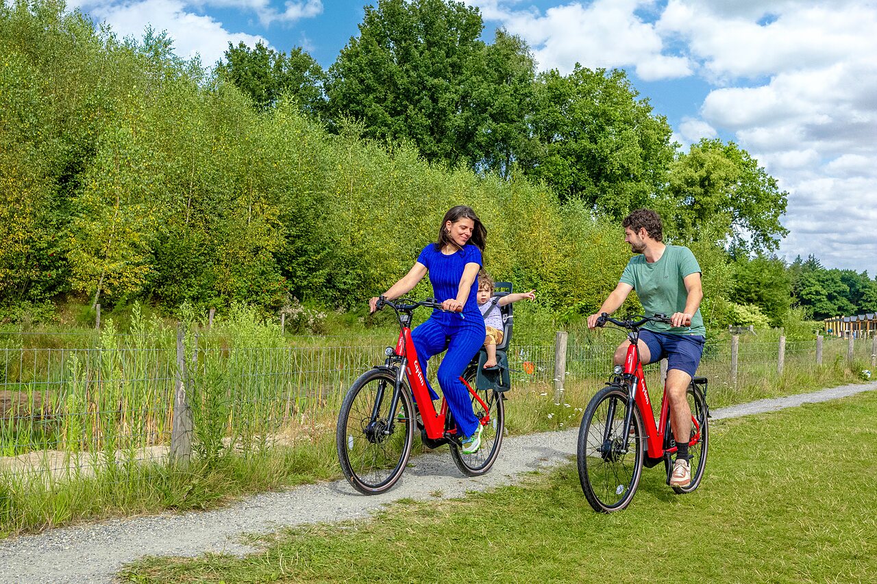Family cycling with child on path at CAPFUN De Belten campsite in Rheeze.