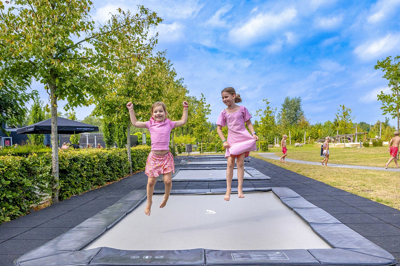 Happy children jumping on in-ground trampolines at CAPFUN De Belten campsite in Rheeze.