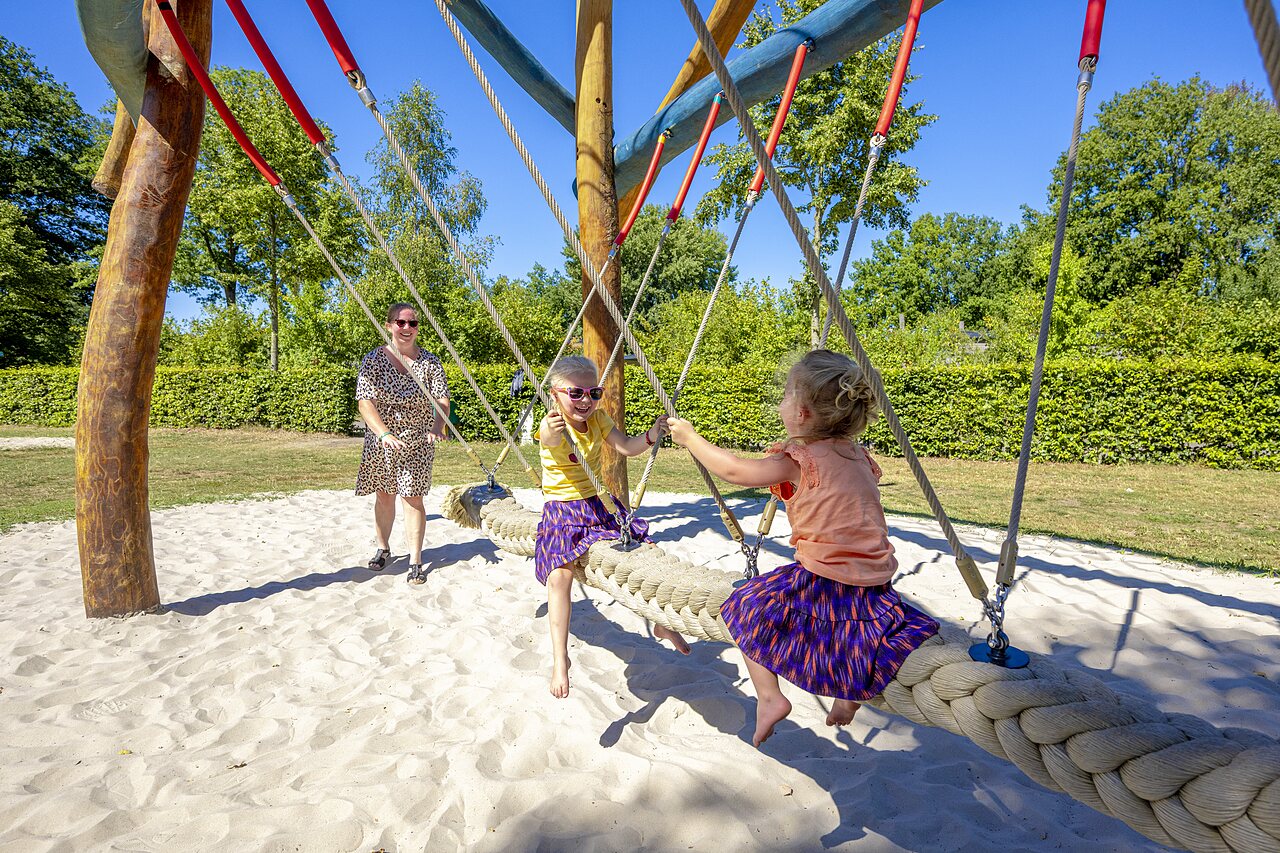 Children playing on giant rope swing at CAPFUN De Belten campsite in Rheeze.