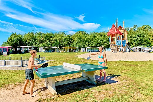 Table tennis and playground at CAPFUN De Eikenhof campsite.