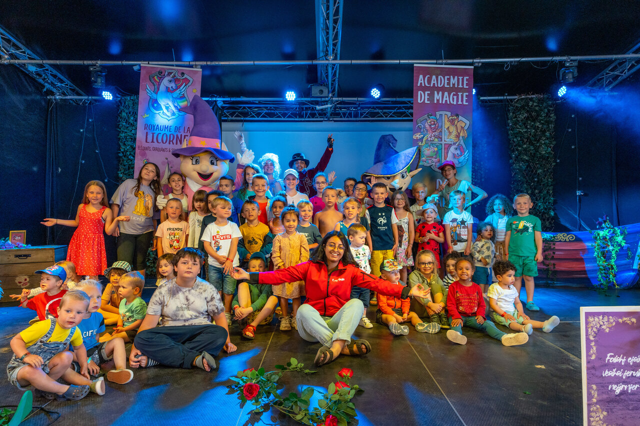 Children's entertainment show with mascots at CAPFUN Donjon de Lars campsite, Courseulles-sur-Mer.