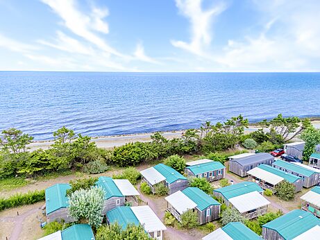 Mobile homes, aerial view at CAPFUN Donjon de Lars campsite in Courseulles-sur-Mer.