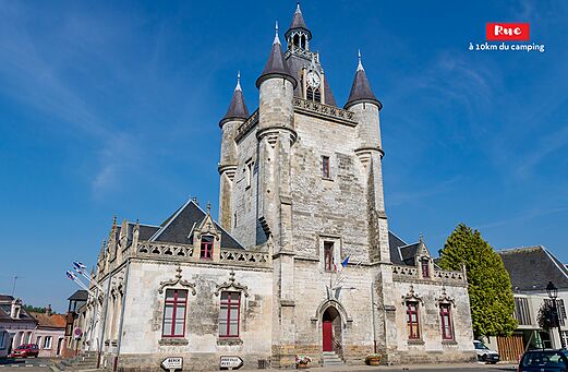 Historic belfry of Rue with clock, to visit near the campsite in Somme.
