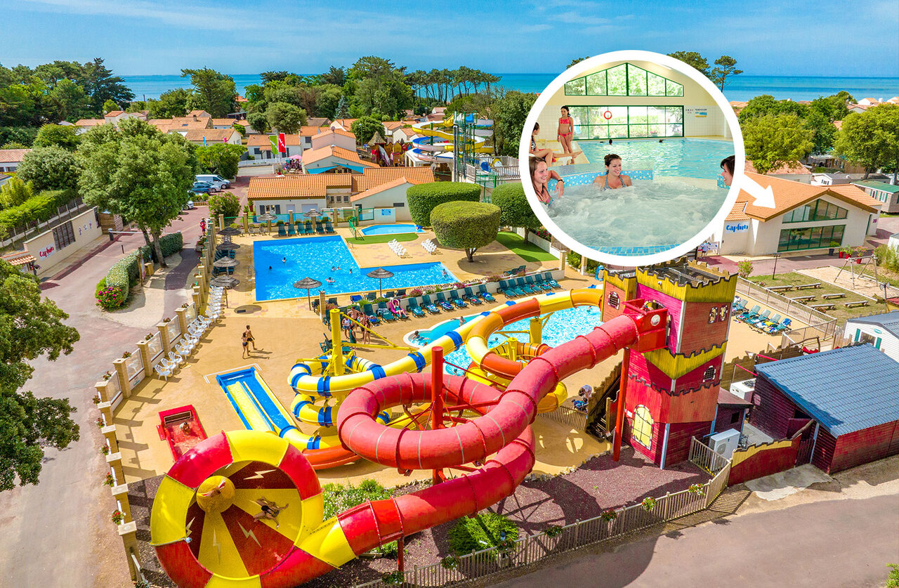 Giant water slides, outdoor and indoor pools at CAPFUN Ecureuils campsite in JARD SUR MER (85).