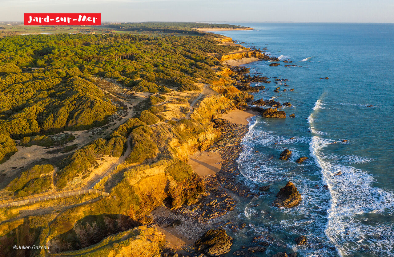 Rocky coastline and sandy beaches of Jard-sur-Mer, Vend�e, aerial view.