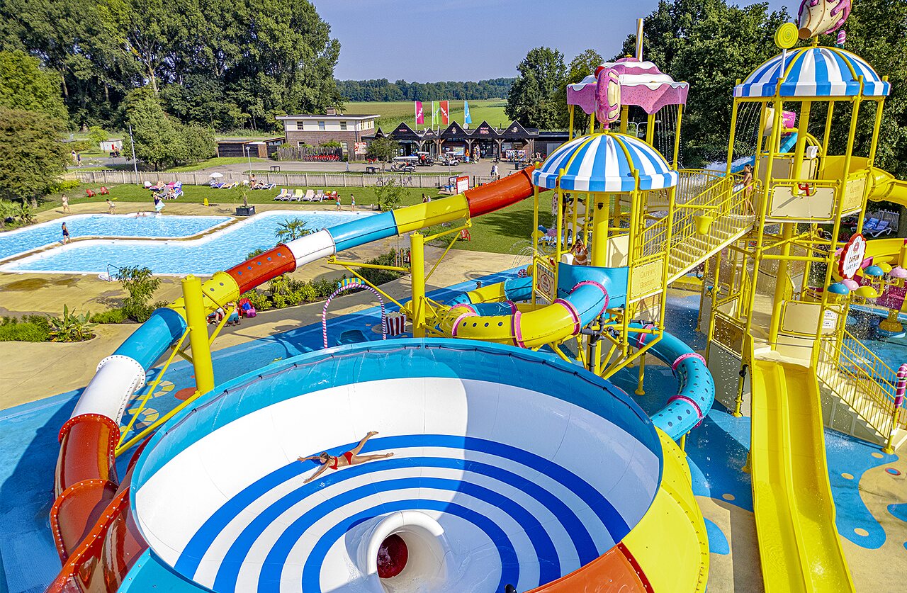 Water slides, outdoor pool and water playground at CAPFUN Erkemederstrand, Zeewolde.