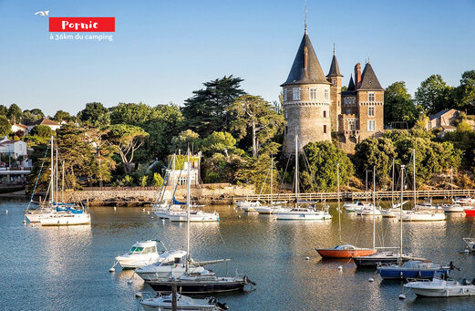Pornic harbor with its historic castle and boats, in Loire-Atlantique.