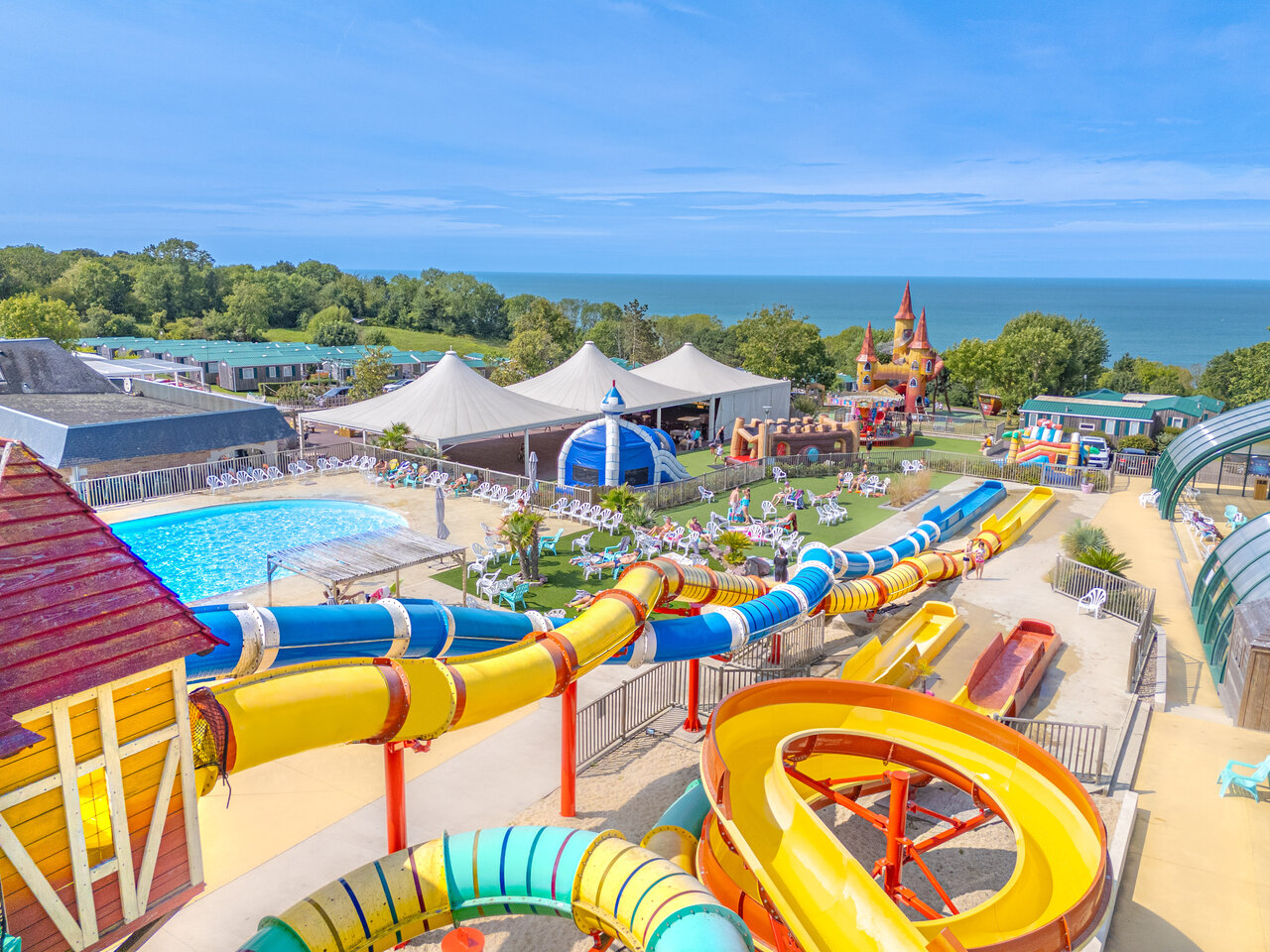 Water park, slides, pool at CAPFUN Falaises campsite Gonneville sur Mer.