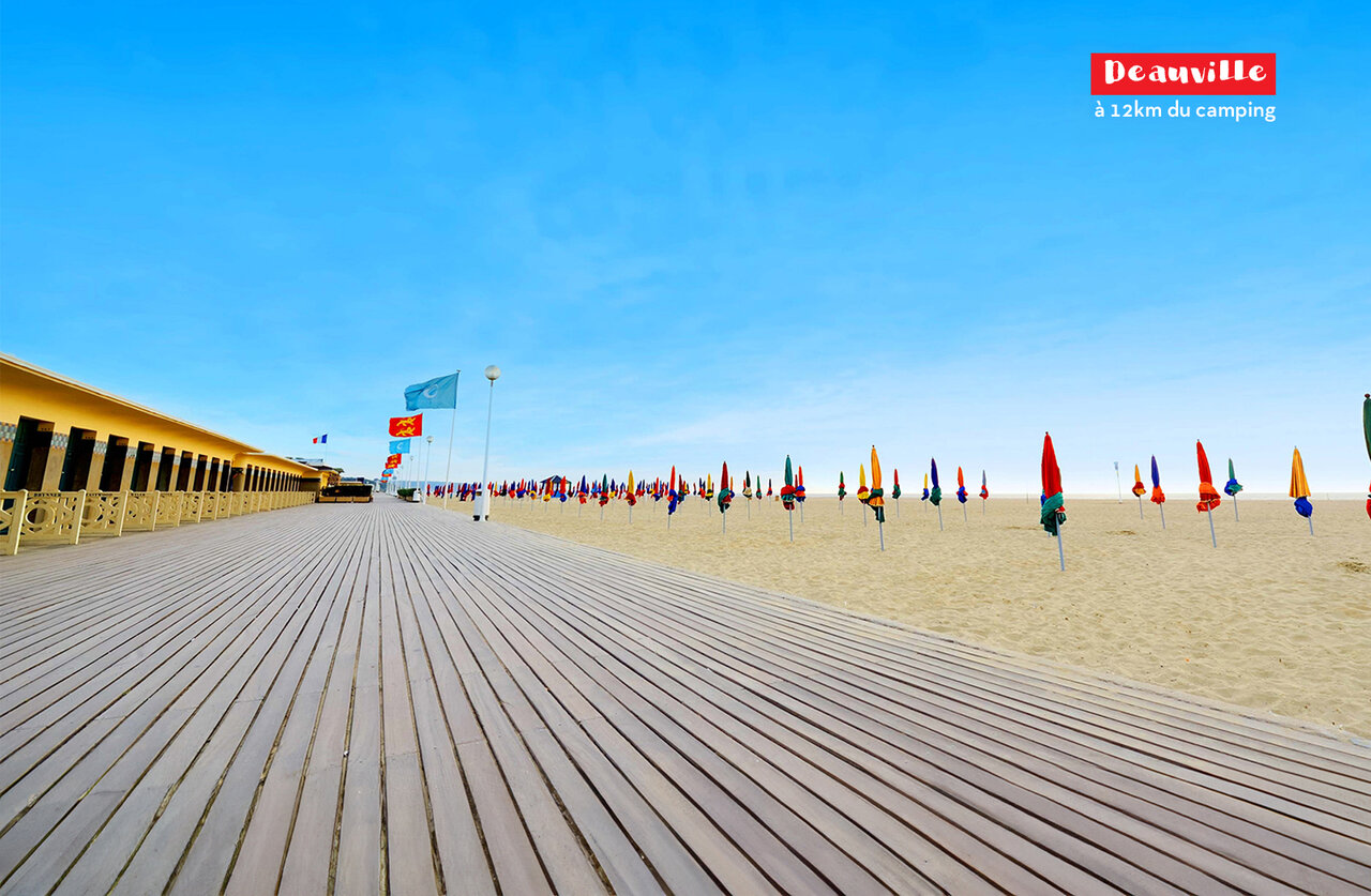 The Deauville Boardwalk, famous wooden promenade and colorful parasols in Normandy.
