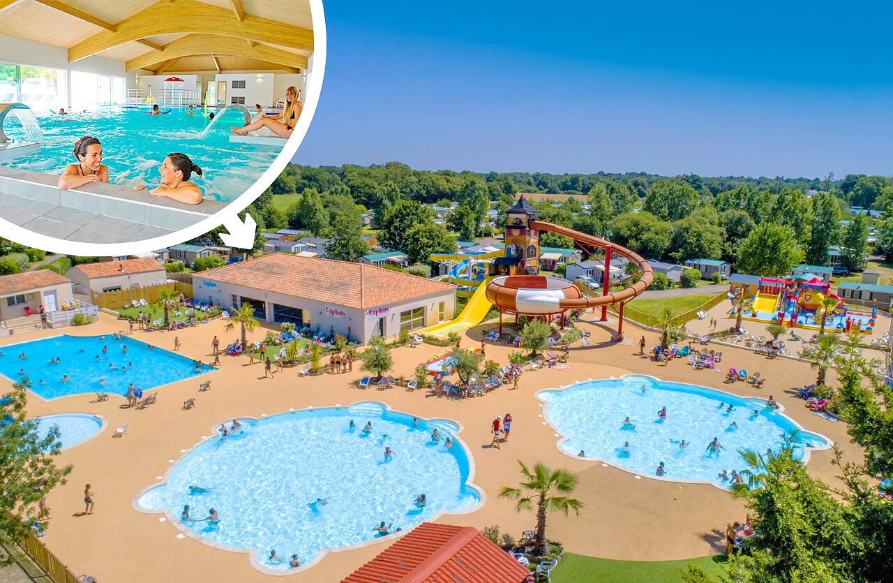 Outdoor pools, giant waterslide, indoor pool at CAPFUN Forges campsite in Avrille (85).