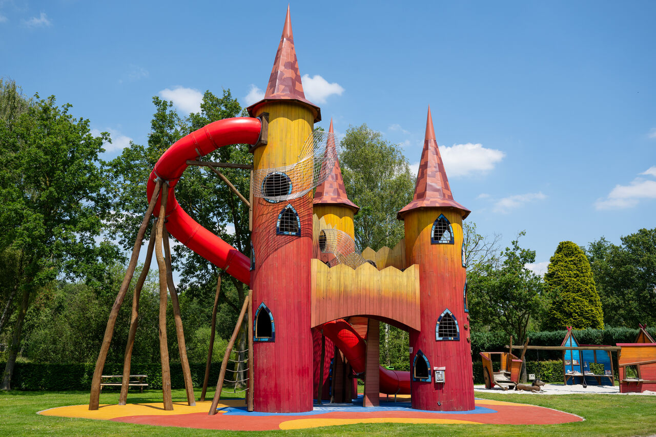Colorful castle playground, slides, nets at CAPFUN Fort Bedmar in Sint-Gillis-Waas.